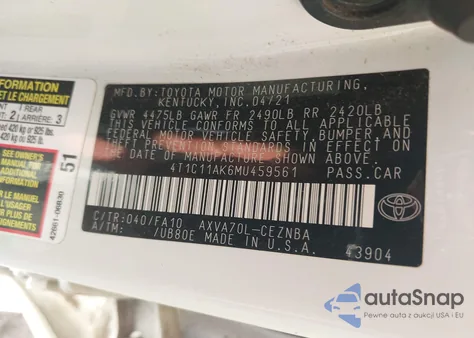 2021 Toyota Camry Le из США, поврежденный, VIN 4T1C11AK6MU459561